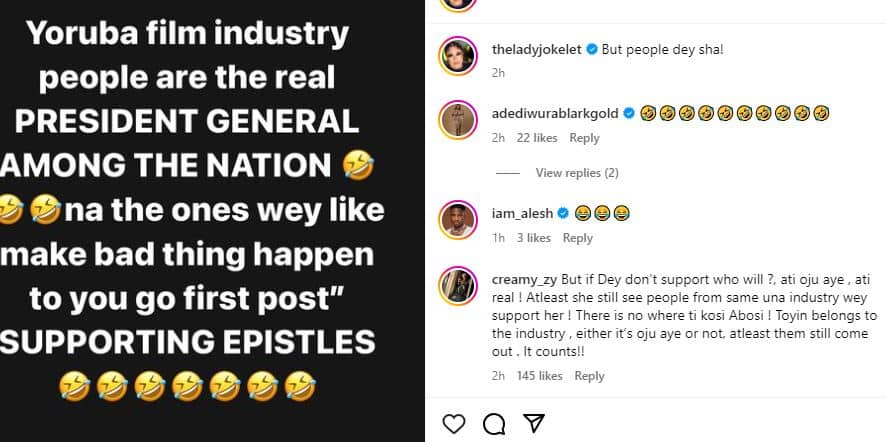 “The Ones Wey Like Make Bad Thing Happen To You Go First Post Supporting Epistles” – Joke Jigan Slams Yoruba Nollywood Over Toyin Abraham