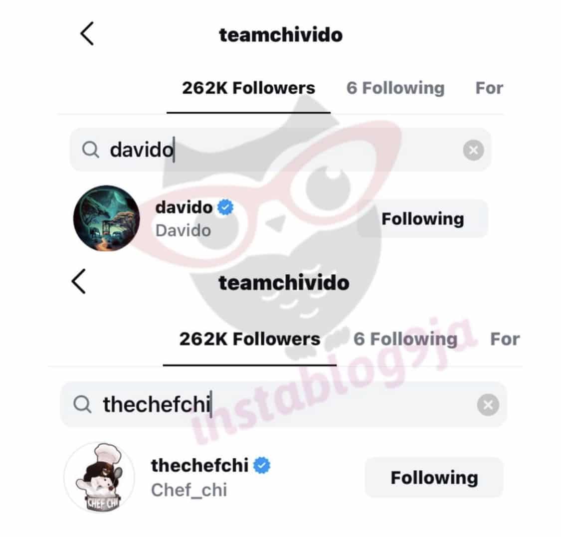 Davido e Chioma seguindo a fan page do Chivido.